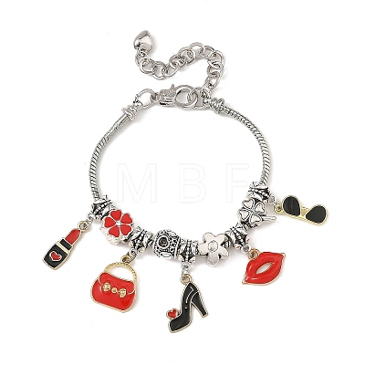 Makeup Theme Alloy Enamel Lipstick Handbag Shoe Charm Brass European Bracelets for Women BJEW-JB14237-01-1