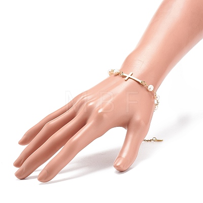 201 Stainless Steel Cross Link Bracelet with Natural Pearl Beaded Chains for Women X-BJEW-JB08543-1
