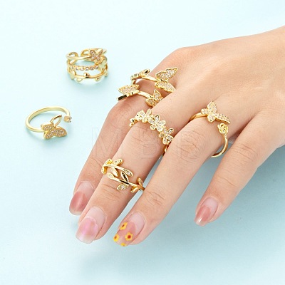 6Pcs 6 Styles Adjustable Brass Micro Pave Clear Cubic Zirconia Cuff Rings RJEW-LS0001-23G-1