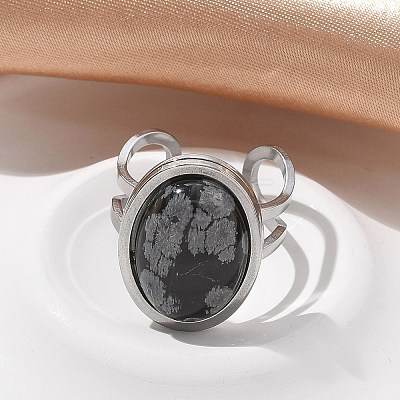 Oval Natural Snowflake Obsidian Finger Rings RJEW-M062-02P-06-1