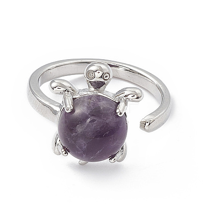 Natural Amethyst Turtle Open Cuff Ring RJEW-P082-01P-01-1