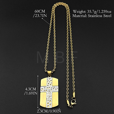 Duo Tone 304 Stainless Steel Rectangle Dog Tag with Cross Pendant Necklaces for Men WGBC7F7-02-1