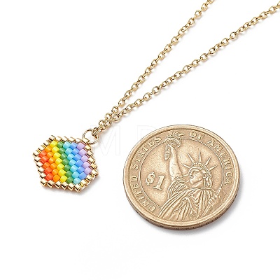 Rainbow Color Japanese Seed Braided Hexagon Pendant Necklace with 304 Stainless Steel Chains for Women NJEW-MZ00006-1