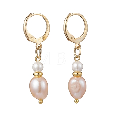Oval Brass Natural Freshwater Pearl Leverback Earrings EJEW-JE06815-1