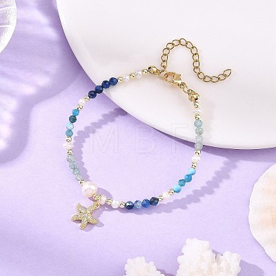 Gradient Natural Apatite & Kyanite Faceted Round Beaded Bracelets with Natural Pearl BJEW-JB14399-02-1