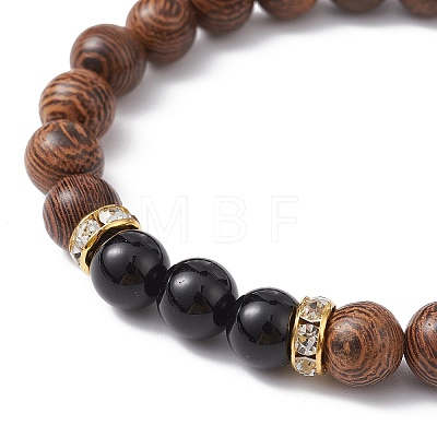 Natural Wenge Wood & Obsidian Round Braided Bead Bracelet BJEW-JB09757-01-1