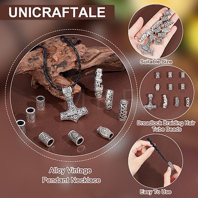 Unicraftale Alloy Norse Viking Hammer Pendant Necklace with Rope & Dreadlock Braiding Hair Tube Beads NJEW-UN0001-41A-1