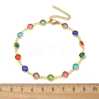 304 Stainless Steel Flat Round Acrylic Rhinestone Cup Chain Anklets for Women AJEW-B031-02G-02-1