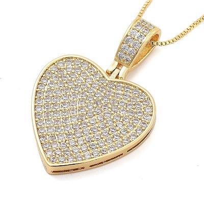 Brass Micro Pave Clear Cubic Zirconia Box Chain Heart Pendant Necklaces for Women NJEW-M009-02G-C-1