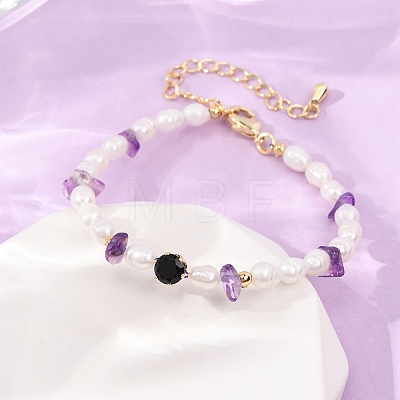 Natural Amethyst Chip and Rice Natural Pearl Beaded Bracelets GG-CBA3297-13G-F-1