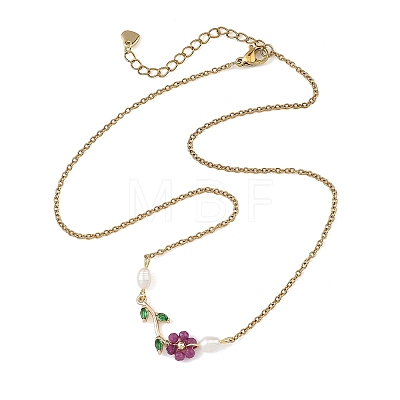 Natural Stone Beaded Flower Brass Pave Green Cubic Zirconia Branch Pendant 304 Stainless Steel Cable Chain Necklaces for Women NJEW-JN06415-1