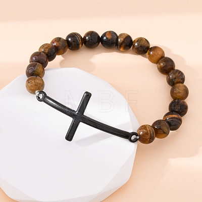 Round Natural Tiger Eye Bead Stretch Bracelets BJEW-F493-08EB-01-1