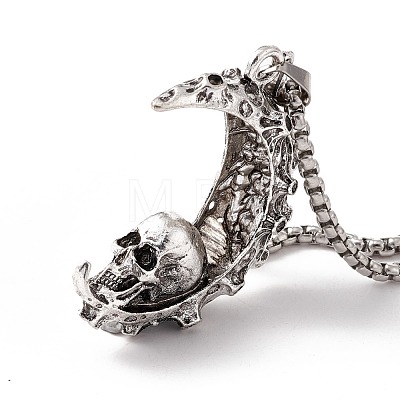 Alloy Crescent Moon with Skull Pendant Necklace with 304 Stainless Steel Box Chains NJEW-C007-05AS-1