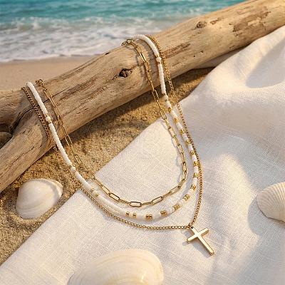304 Stainless Steel Religion Cross Pendant Glass Seed Beaded 3 Layer Necklaces for Women WI3210-1