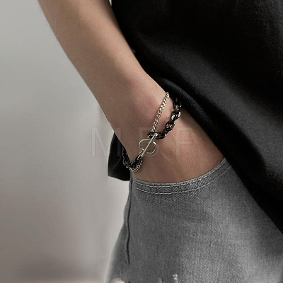 Two Tone 201 Stainless Steel Curb Chain & Cable Chain Double Layers Bracelets for Women Men FS-WGC755C-01-1