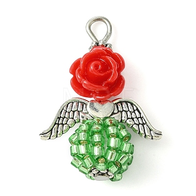 Red Rose Flower Resin & Glass Seed Beads Pendants PALLOY-MZ00289-02-1