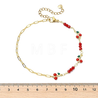Brass Enamel Red Cherry Link and Paperclip Chain Anklets for Women AJEW-AN00815-1