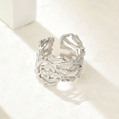 304 Stainless Steel Hollow Wide Cuff Rings for Women RJEW-G338-24P-1