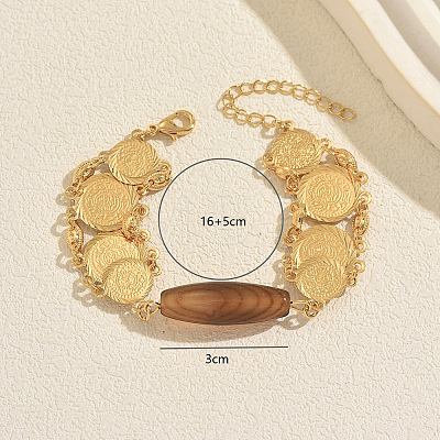 Vintage Dyed Natural Coffee Agate Rice Bead Charm Brass Embossed Coin Link Chain Bracelets for Women XX5921-1