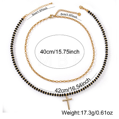 Stainless Steel Religion Cross Pendant Natural Gemstone Rondelle Beaded Double Layer Necklaces for Women PO2692-1-1