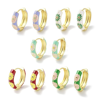 Real 18K Gold Plated Brass Enamel Flower Print Hoop Earrings for Women EJEW-L269-119G-1