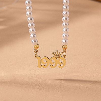 Alloy Crown Birth Year Pendant Imitation Pearl Round White Beaded Necklaces for Women FS-WG173C9-39-1