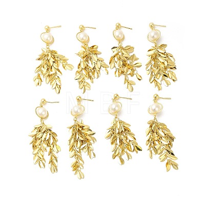 ABS Pearl with Leafy Branch Dangle Stud Earrings EJEW-E270-13G-1