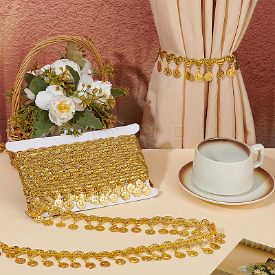 Polyester Braided Metallic Lace Trim with Metal Flat Round Tassel OCOR-WH0082-538-1
