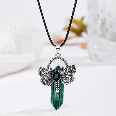 Bohemian Synthetic Malachite Pointed Stainless Steel Dragonfly Pendant Black PU Leather Necklaces LW6425-8-1