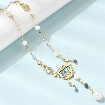 Chinese Brass Micro Pave Clear Cubic Zirconia and Imitation Pearl Gourd Shape and Square Pendant Necklaces with Natural Lapis Lazuli & Aquamarine Beads Tassel AJEW-H158-05G-1