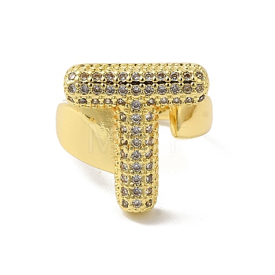 Letter Brass Micro Pave Clear Cubic Zirconia Open Cuff Ring for Women RJEW-N046-03T-G-1