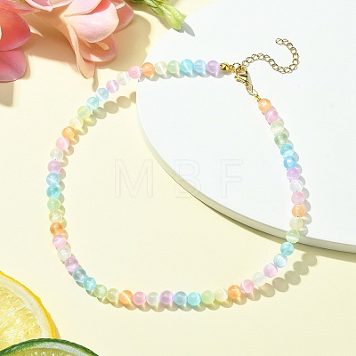 Dyed Natural Selenite Round Beaded Necklace with 304 Stainless Steel Clasps NJEW-JN04409-1