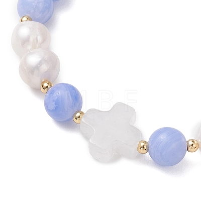 Natural Blue Lace Agate & Cultured Freshwater Pearl Round Beads Stretch Bracelets for Women BJEW-JB13086-01-1