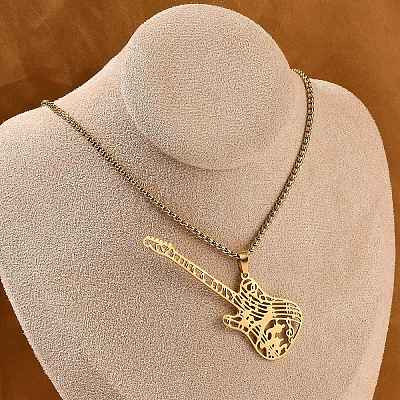 304 Stainless Steel Hollow Guitar Pendant Box Chain Necklaces NJEW-M086-03G-1