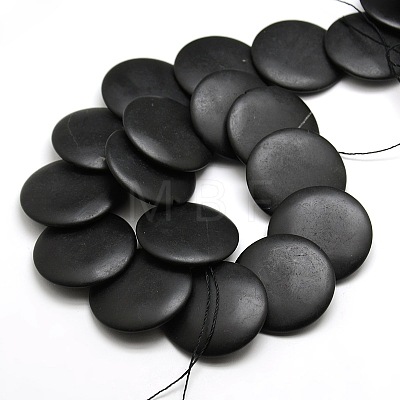 Natural Flat Round Black Stone Beads Strands G-P062-42-1