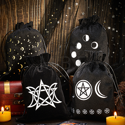 CREATCABIN 4Pcs 4 Style Star Moon Pattern Velvet Tarot Cards Storage Bags TP-CN0001-06-1