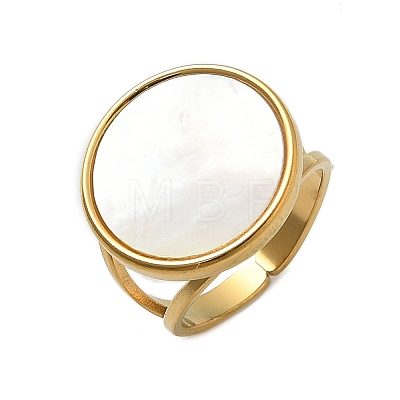 Flat Round 304 Stainless Steel White Shell Cuff Rings for Women RJEW-G346-02G-02-1