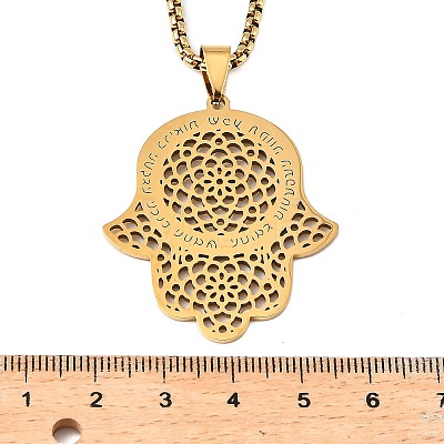 304 Stainless Steel Hollow Religion Hamsa Hand Pendant Necklaces NJEW-M086-01G-1