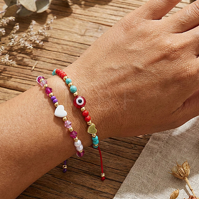 2Pcs 2 Styles Round Glass & Lampwork & Imitation Pearl & Synthetic Turquoise & Natural Shell & Seed Beads Braided Bead Bracelets VE0130-4-1