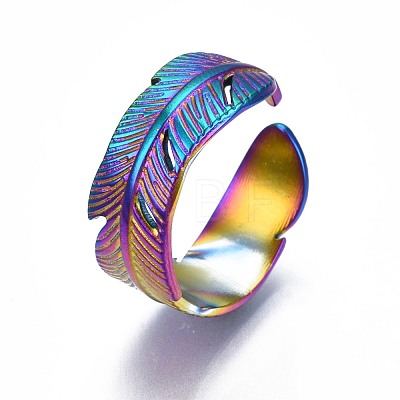 304 Stainless Steel Feather Wrapped Cuff Ring RJEW-N038-061-1