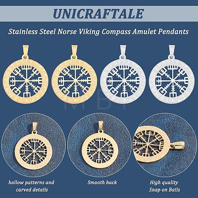 Unicraftale 6Pcs 2 Colors 304 Stainless Steel Norse Viking Compass Amulet Pendants STAS-UN0038-27-1