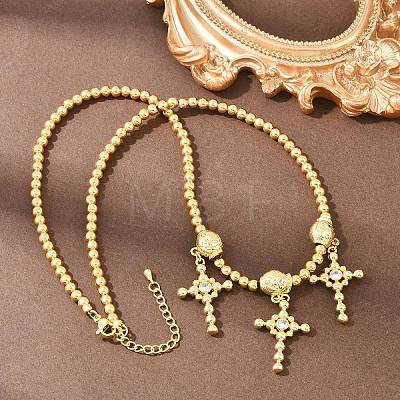 Brass Micro Pave Clear Cubic Zirconia Cross Pendant Round Beaded Bib Necklaces for Women NJEW-F364-04G-1