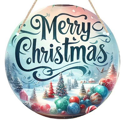 Christmas Wood Flat Round with Word Merry Christmas Pendant Decoration PW-WG88807-04-1