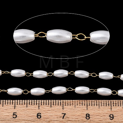 304 Stainless Steel & ABS Plastic Pearl Barrel Bead Cable Chains CHS-G048-06G-1