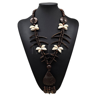 Boho Coconut & Wood & Natural Shell Handmade Ethnic Pendant Long Tassel Beaded Necklaces for Beach Vacation WG0A164-03-1
