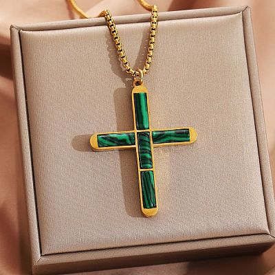304 Stainless Steel with Synthetic Malachite Religion Cross Pendant Necklaces FS-WG3F108-05-1