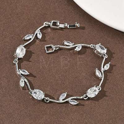 Brass Micro Pave Cubic Zirconia Oval & Leaf Link Chain Bracelets for Women BJEW-G764-05P-02-1