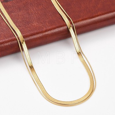 316 Stainless Steel Round Snake and Herringbone Chains Double Layer Necklace for Women Men NJEW-C025-01G-1