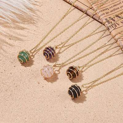 Natural Gemstone Cage Pendant Necklace with 304 Stainless Steel Cable Chains for Women NJEW-JN03905-02-1