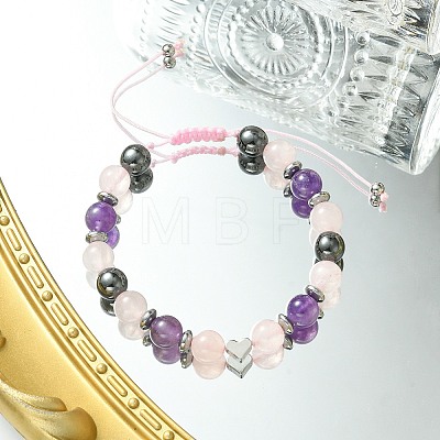 Natural Rose Quartz & Amethyst & Brass Heart Braided Bead Bracelet BJEW-JB09703-03-1